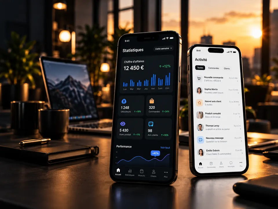 Deux smartphones affichant une application mobile professionnelle