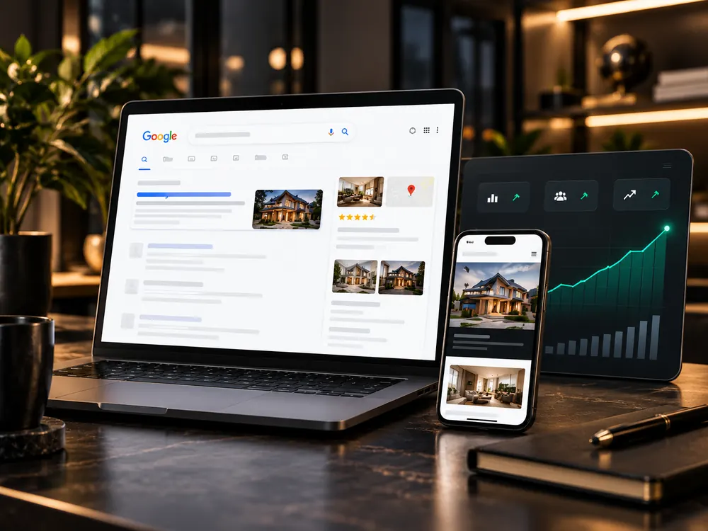 Ordinateur affichant une page de résultats et un site optimisé pour le référencement
