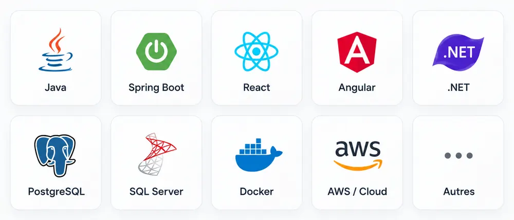 Technologies utilisées : Java, Spring Boot, React, Angular, .NET, PostgreSQL, SQL Server, Docker, AWS et cloud