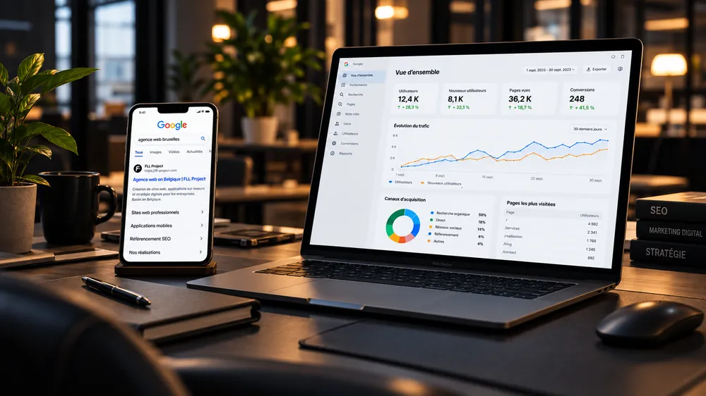 Recherche locale sur Google affichée sur smartphone à côté d’un tableau de bord d’analyse